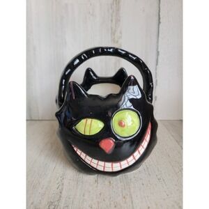 Vintage ceramic Halloween black cat basket AS IS crazy spooky unique home